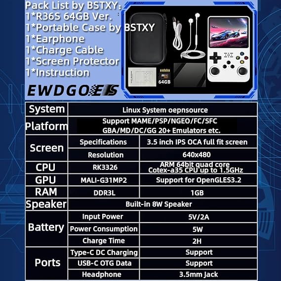R36S Handheld Game Console 3.5 inch Preinstalled Emulator System White 32GB+64GB