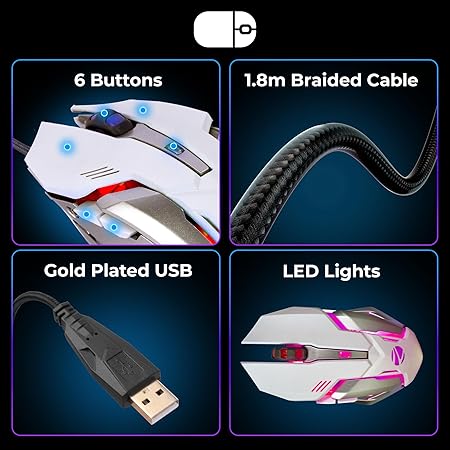 ZEBRONICS Optimus Gaming Keyboard & Mouse Combo, Braided Cable, Gold Plated USB, Upto 3600 DPI, 6 Buttons, High Resolution Sensor, Multicolor LED, Dedicated Macro Keys, 117 Keys (White)