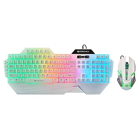 ZEBRONICS Optimus Gaming Keyboard & Mouse Combo, Braided Cable, Gold Plated USB, Upto 3600 DPI, 6 Buttons, High Resolution Sensor, Multicolor LED, Dedicated Macro Keys, 117 Keys (White)