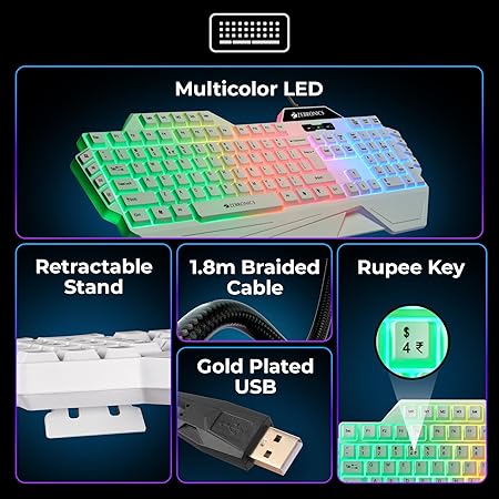 ZEBRONICS Optimus Gaming Keyboard & Mouse Combo, Braided Cable, Gold Plated USB, Upto 3600 DPI, 6 Buttons, High Resolution Sensor, Multicolor LED, Dedicated Macro Keys, 117 Keys (White)